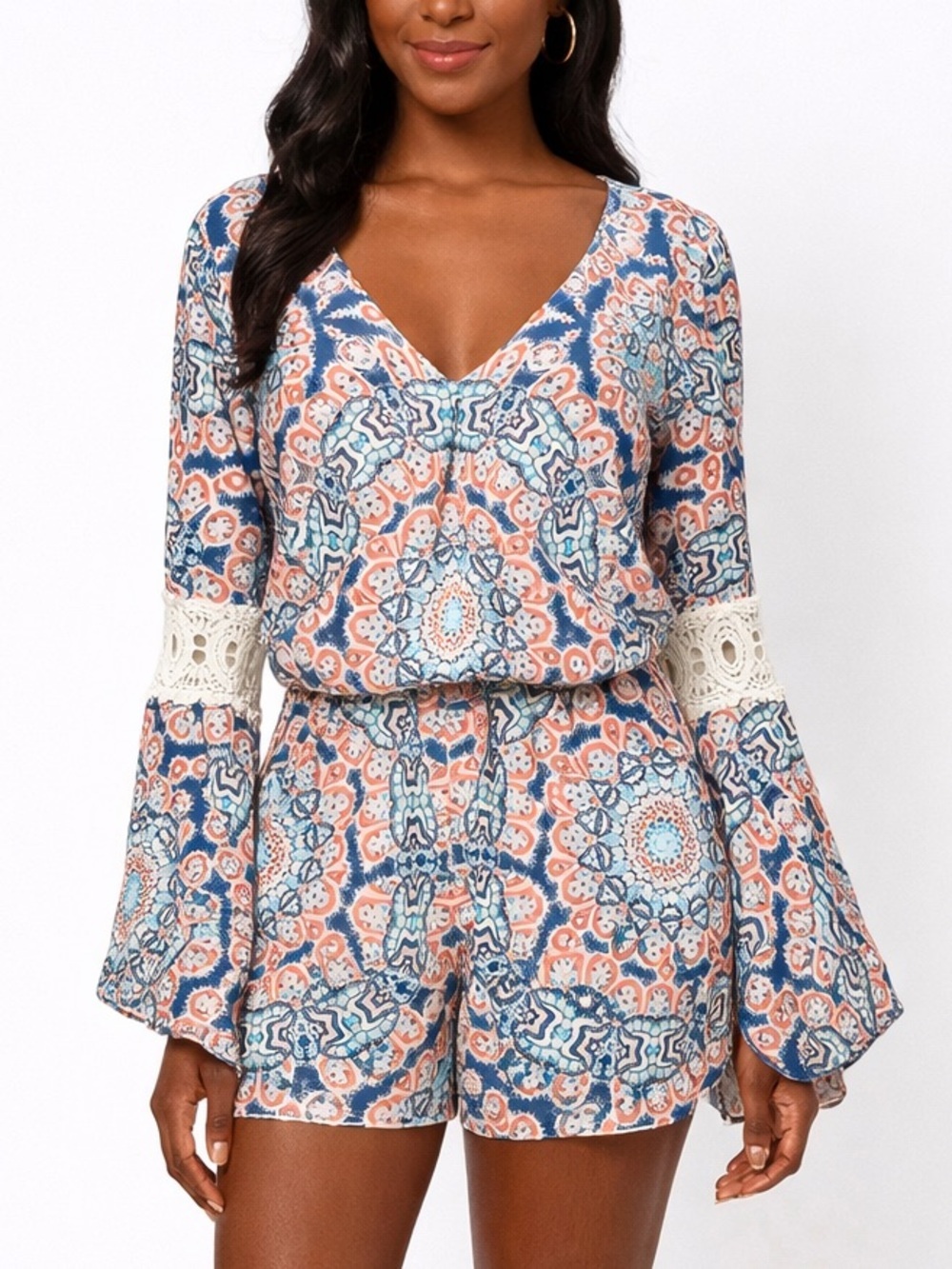 My Michelle SZ S Blue/orange boho bell sleeve romper w/lace accents/bust 36” - Picture 2 of 7